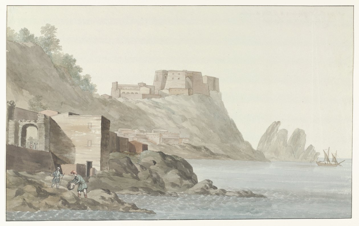 Burps in stad Scilla in de regio Calabrië aan de oostkust Rock & Town of Scilla Calabriában; kilátás a keleti oldalról (cím a tárgyon) Utazások Olaszországban, Szicíliában és Máltán - 1778 (sorozat címe) alkotó: Louis Ducros
