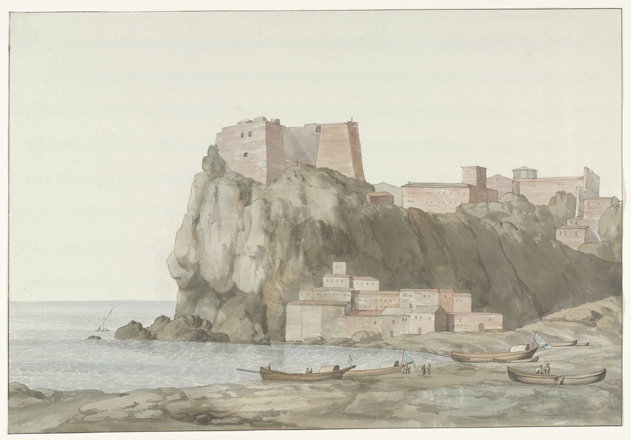 Burps in stad Scilla in de regio Calabrië aan de westkust Rock & Town of Scilla Calabriában; kilátás a naplemente oldaláról (cím a tárgyon) Utazások Olaszországban, Szicíliában és Máltán - 1778 (sorozat címe) alkotó: Louis Ducros