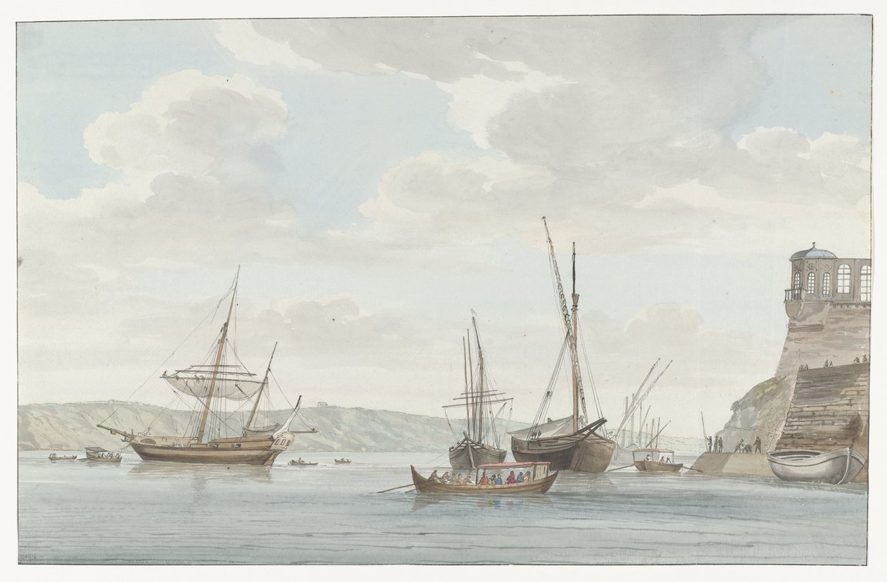 Tuinhuis van de Jardin du Grand Master uittorend boven de haven met galei schepen op Málta Pavillon du Jardin du Grand-Maître, szemben a Port des Galères-szel Malthe-ban (cím a tárgyon) Utazások Olaszországban, Szicíliában és Máltán - 1778 (sorozat címe) alkotó: Louis Ducros