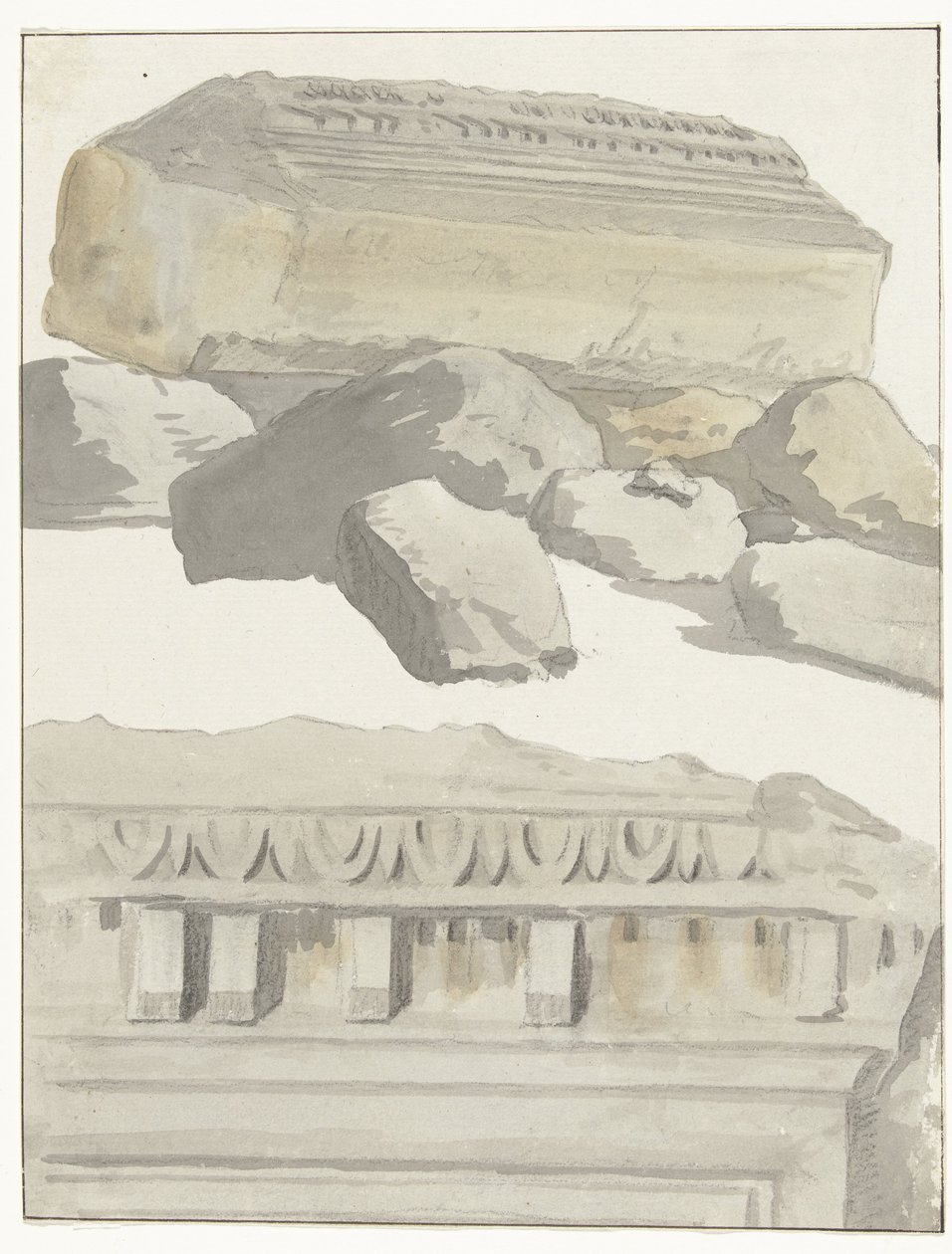 Twee stukken van een architraaf van de antieke temple in de oude stad Manduria Kilátás az ókori templom architrave szobájára, Manduria ősi városában Utazások Olaszországban, Szicíliában és Máltán - 1778 (sorozat címe) alkotó: Louis Ducros
