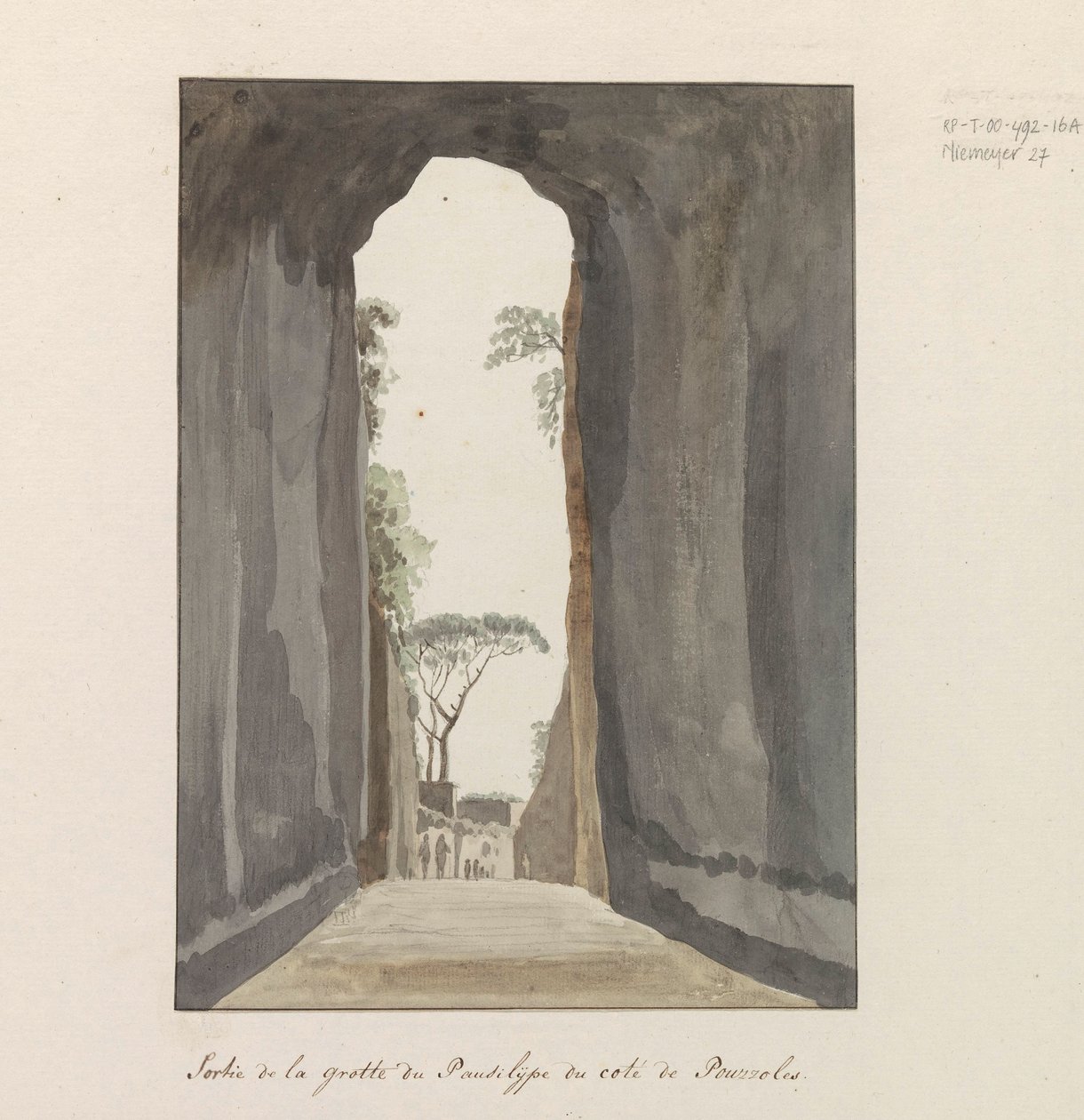 Uitgang van grot Crypta Neapolitana (a Grotta di Posillipo) aan de kust van Pozzuoli Kijárat a Pausilype-barlangból Pozzuoli közelében (cím az objektumon) Utazások Olaszországban, Szicíliában és Máltán - 1778 (sorozat címe) alkotó: Louis Ducros