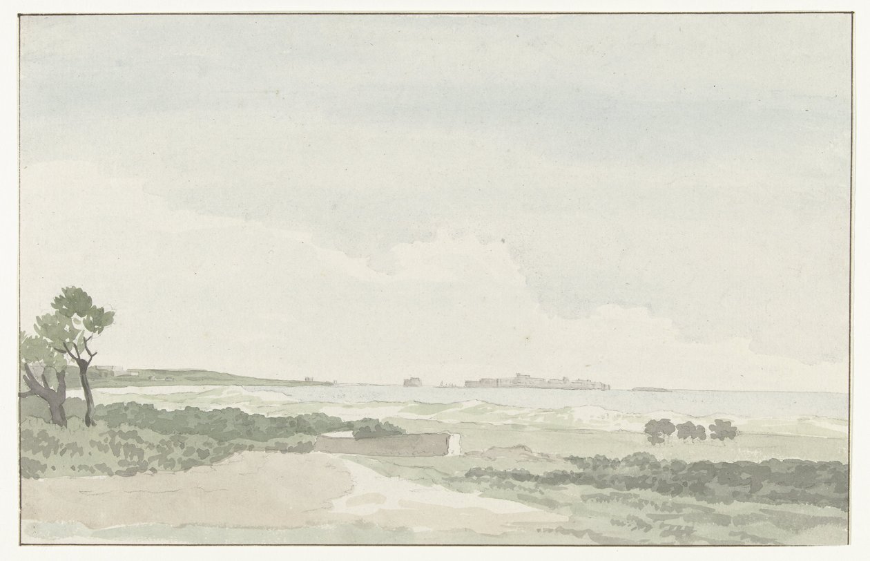 Vergezicht met de stad Gallipoli Gallipoli városának távoli kilátása (cím a tárgyon) Utazások Olaszországban, Szicíliában és Máltán - 1778 (sorozat címe) alkotó: Louis Ducros