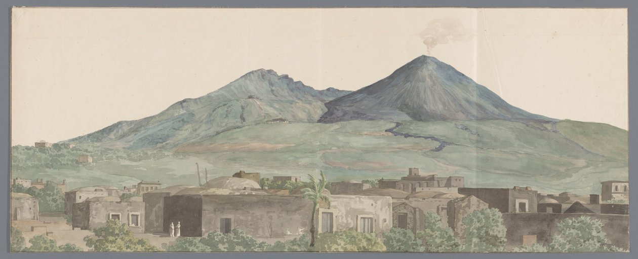 Vesuvius gezien vanaf Portici met lavastromen uit 1777, 1771 és 1731 A Vezúv Portici felől nézve az 1777-es, 1771-es, 1731-es lávákkal (cím a tárgyon) Utazások Olaszországban, Szicíliában és Máltán - 1778 (sorozat címe) alkotó: Louis Ducros