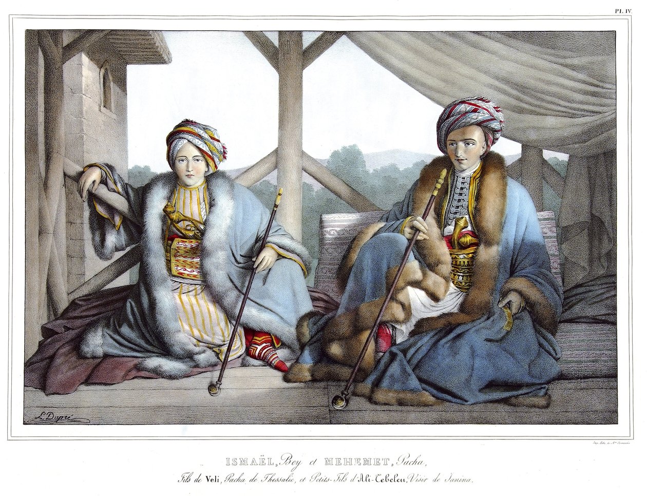 Ismael, Bey és Mehemet pasa, Veli fia, thesszáliai pasa és Ali Tebelen unokája (1741-1822), Janina vizírja, a „” Utazás Athénészbe és Konstantinápolyba, vagy görög és oszmán portrék, nézetek és jelmezek gyűjteményében, natu helyeire festve alkotó: Louis Dupré