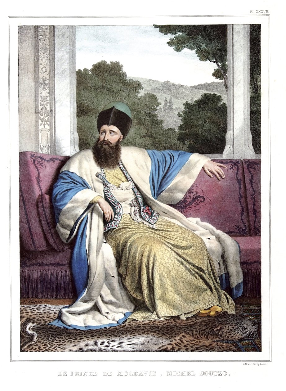 Michael Soutzo, Moldova hercege (1729-1830). a „” Utazás Athénészbe és Konstantinápolyba című filmben, vagy görög és oszmán portrék, kilátások és jelmezek gyűjteménye, amelyeket természeti helyekre festett, Louis Dupre (1789-1837), Dav tanítványa litográfi alkotó: Louis Dupré