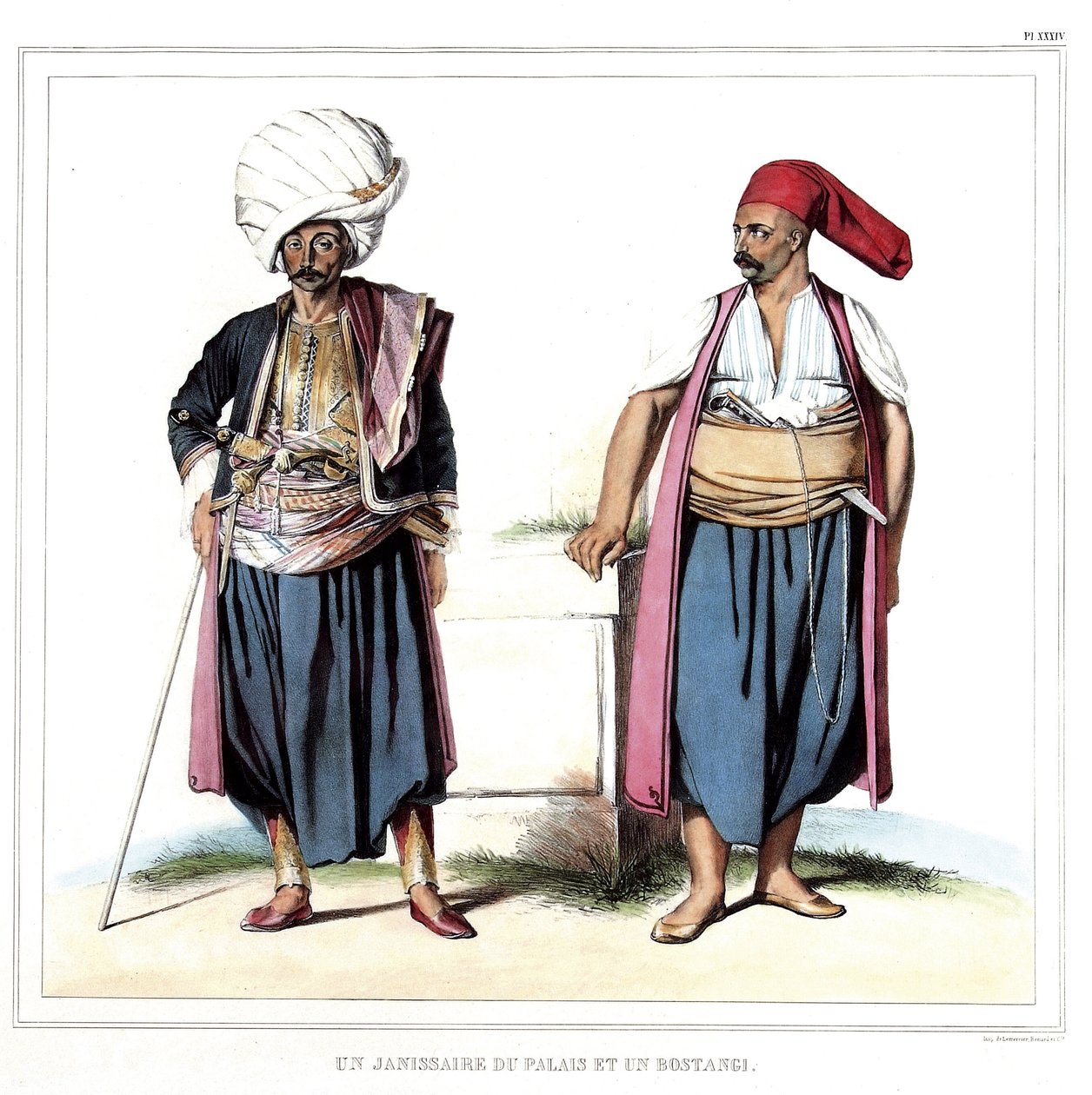 A palota janicsárja és egy bostangi (a szeriló kertésze). a „” Utazás Athénészbe és Konstantinápolyba című filmben, vagy Louis Dupre (1789-183) természeti helyekre festett görög és oszmán portrék, kilátások és jelmezek gyűjteménye, litográfiák és színek. alkotó: Louis Dupré