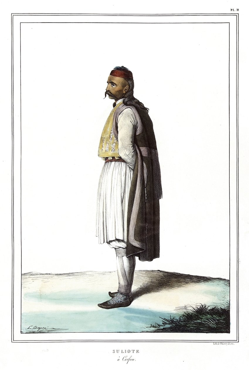 Suliote a Corfu, „” Utazás Athénészbe és Konstantinápolyba, vagy görög és oszmán portrék, nézetek és jelmezek gyűjteménye, a természet utáni helyekre festve, Louis Dupre (1789-1837), Dávid tanítványa litográfiái és színei.1825. alkotó: Louis Dupré