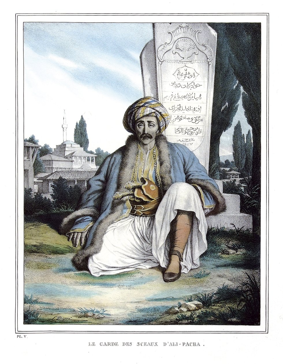 Ali pasa de Janina (1741-1822) pecsétjeinek őrzője a „” Utazás Athénészbe és Konstantinápolyba” című filmben, vagy görög és oszmán portrék, nézetek és jelmezek gyűjteménye, természeti helyekre festve, Louis Dupre litográfiái és színei. (1789-1837) pu alkotó: Louis Dupré