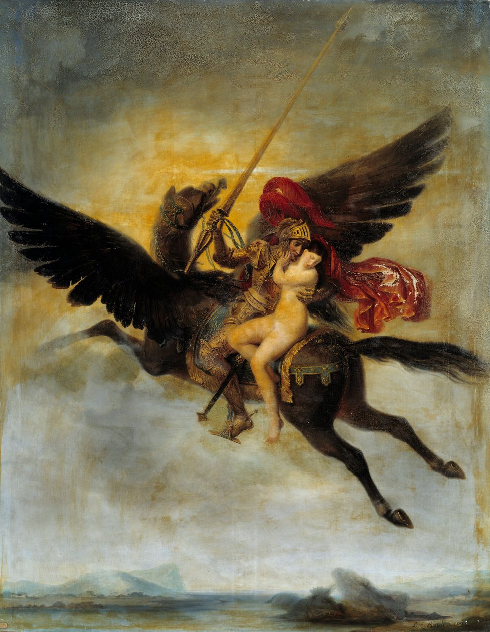 A kalózok által egy szörnyetegnek szállított Roger delivánt, Angelique Angelique-et elengedi Roger vízilón lovagolva. Illusztráció a „Le Roland Furieux” (Orlando Furioso) számára, Ludovic Ariosto (Ariosto). Louis Edouard Rioult (1790-1855) festménye 1824 V alkotó: Louis Edouard Rioult