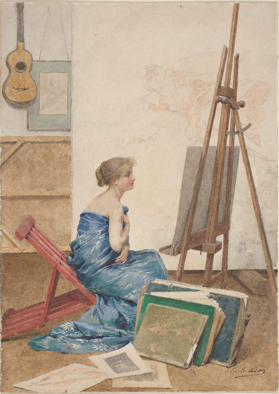 Festőstúdió japán selyemmel burkolt modellel alkotó: Louis Emile Adan