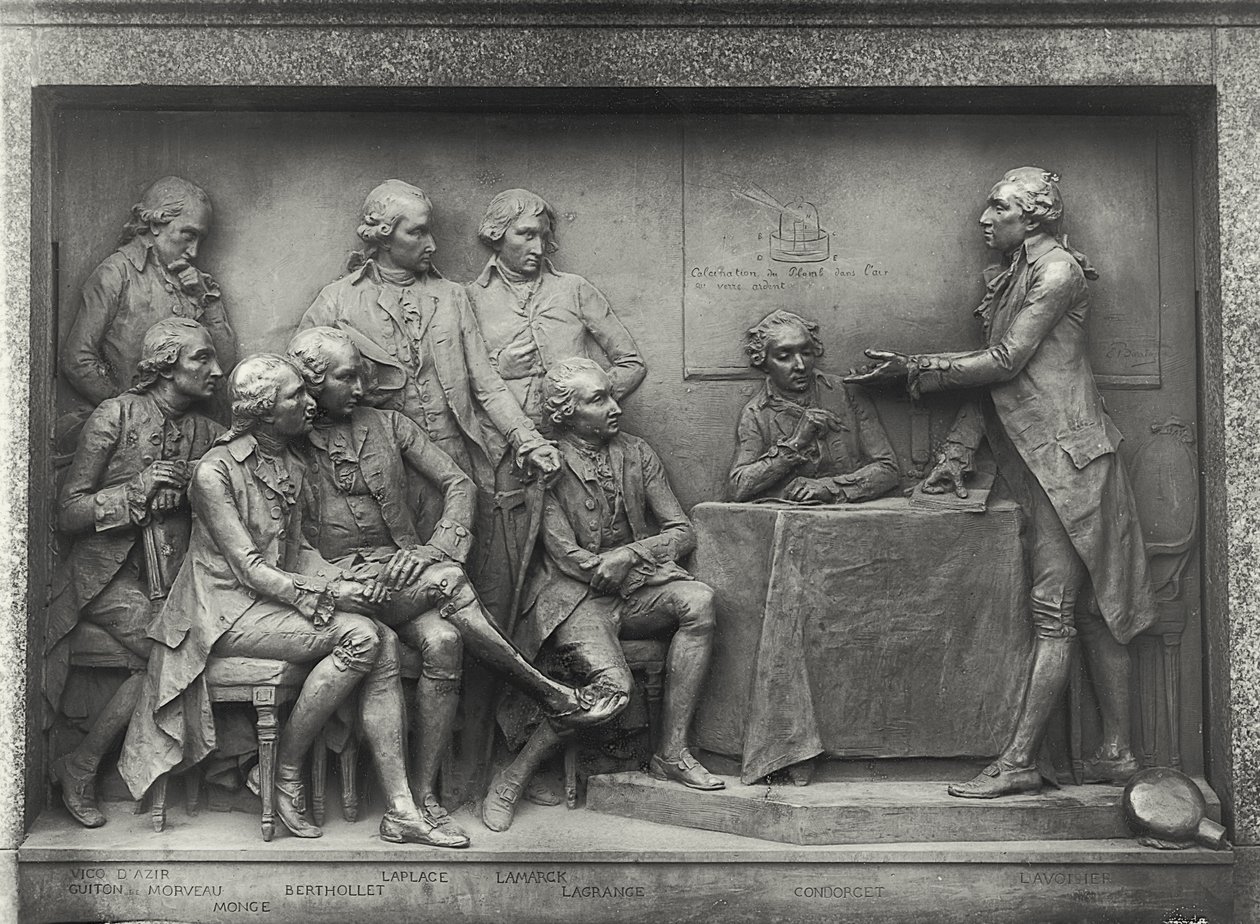 Antoine Laurent Lavoisier (1743-94) a levegő elemzését magyarázza kollégáinak (bronz) (f/w fotó) alkotó: Louis Ernest Barrias