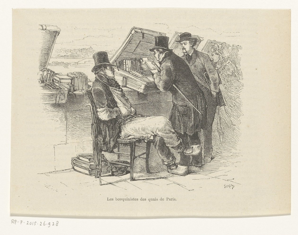 Könyvkereskedő a párizsi rakparton Les bouquinistes des quais de Paris (cím a tárgyon) alkotó: Louis Ernest Lesage