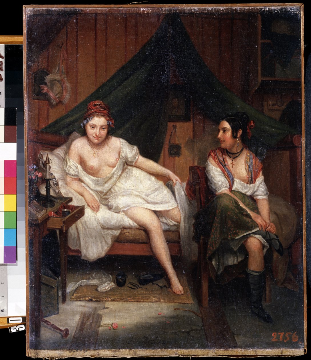 ""Két fiatal nő portréja negligee-ben, egy szerelmes éjszaka után felébredve (?)"" (két lány) Louis Eugene Bertier festménye (1809-?) 19. századi Mikhail Kroshitsky Művészeti Múzeum, Szevasztopol (Szevasztopol) Ukrajna alkotó: Louis Eugene ) Bertier