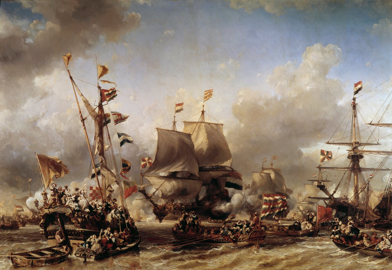 Angol-holland háború: „” Michel Adrien Ruyter (1607-1676) holland tengernagy (1607-1676) és William de Witt behajózása a texeli csatában”” Louis Gabriel Eugene Isabey (1803-1886) festménye 19. századi Toulon, haditengerészeti múzeum alkotó: Louis Eugene Gabriel Isabey