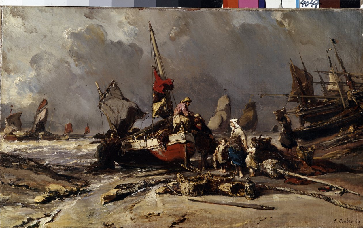 ""After the storm"" (After the storm) Egy halász megtalálja családját a vihar után. Louis Gabriel Eugene Isabey (1803-1886) festménye 1869 Méret: 36,5x60 cm Ermitázs Múzeum, Szentpétervár alkotó: Louis Eugene Gabriel Isabey