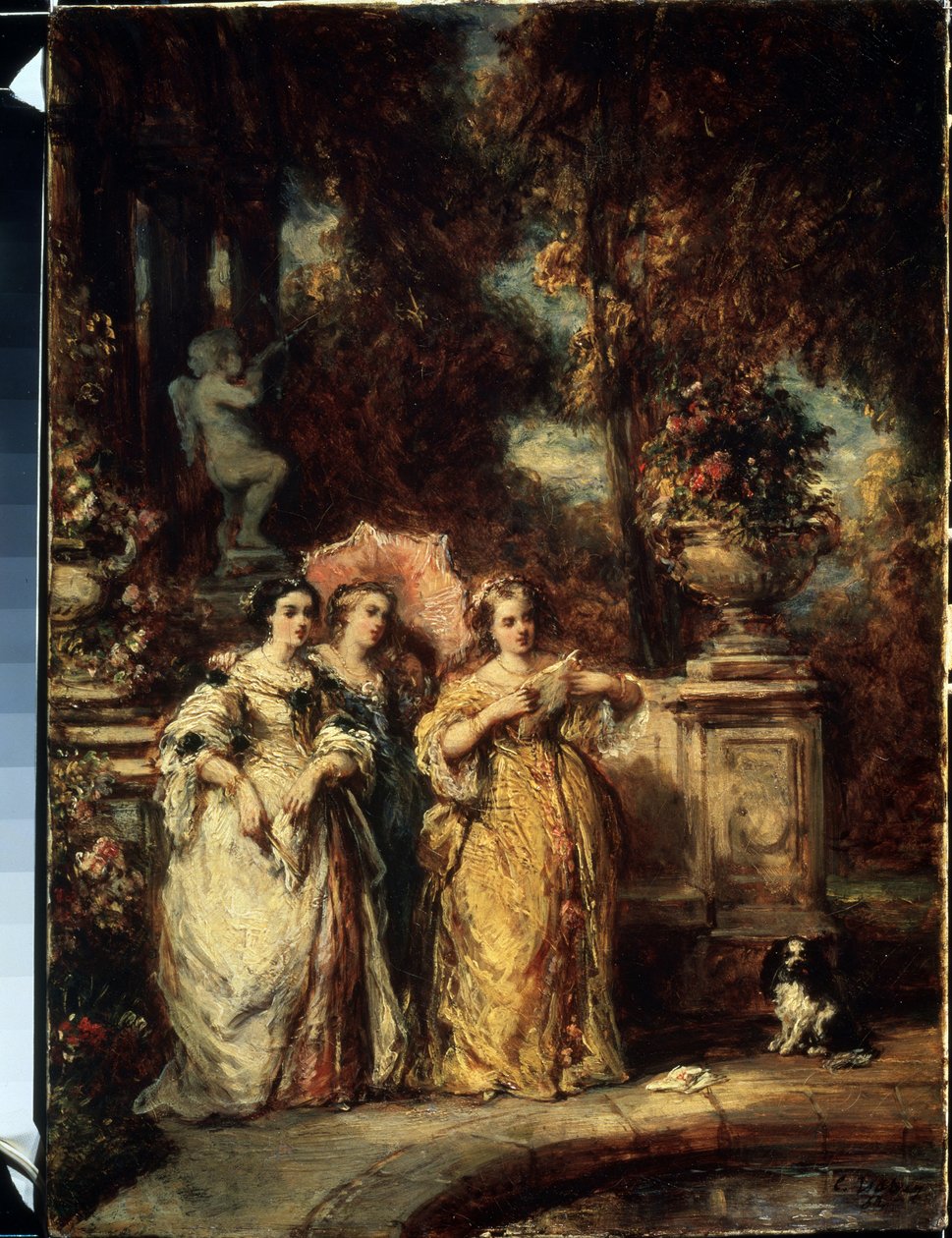 "La promenade" (Séta) Három fiatal lány egy jó családból egy parkban. Louis Gabriel Eugene Isabey (1803-1886) festménye 1852 Puskin Múzeum, Moszkva alkotó: Louis Eugene Gabriel Isabey