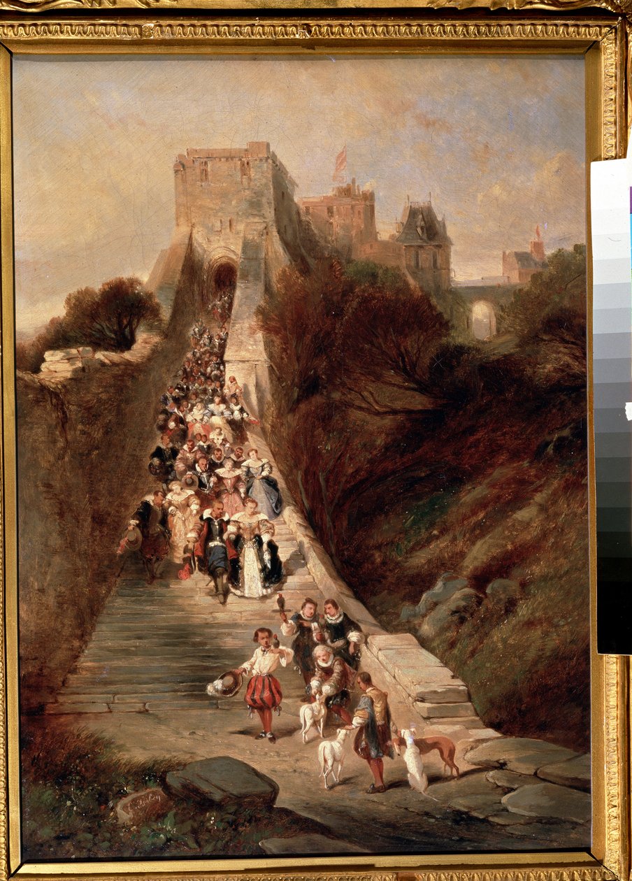 ""Leaving the Castle"" (A kastély elhagyása) 17. századi urak és hölgyek csoportja leereszkedik egy kastély nagy bejárati lépcsőjén. Louis Gabriel Eugene Isabey (1803-1886) festménye, 19. századi Puskin Múzeum, Moszkva alkotó: Louis Eugene Gabriel Isabey