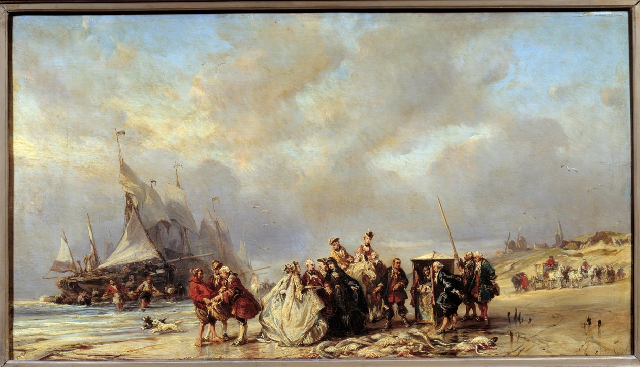 Lordok halat vásároló scheveningue strandján (XVIII. század). Louis Gabriel Eugene Isabey (1803-1886) festménye alkotó: Louis Eugene Gabriel Isabey