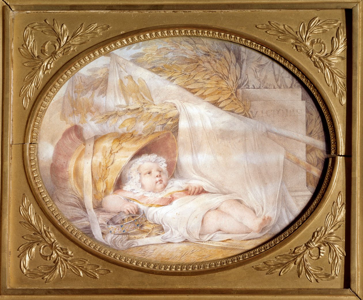 Bebe római király (1811-1832) portréja II. Mars Napóleon, Reichstadt hercege, I. Napóleon császár (1769-1821) újszülött fia sisakjában. Fekete kő és bézs lávapapír, Eugene Isabey (1803-1886) 1811. március V. 0,21x0,26 m Malmaison, musee d alkotó: Louis Eugene Gabriel Isabey