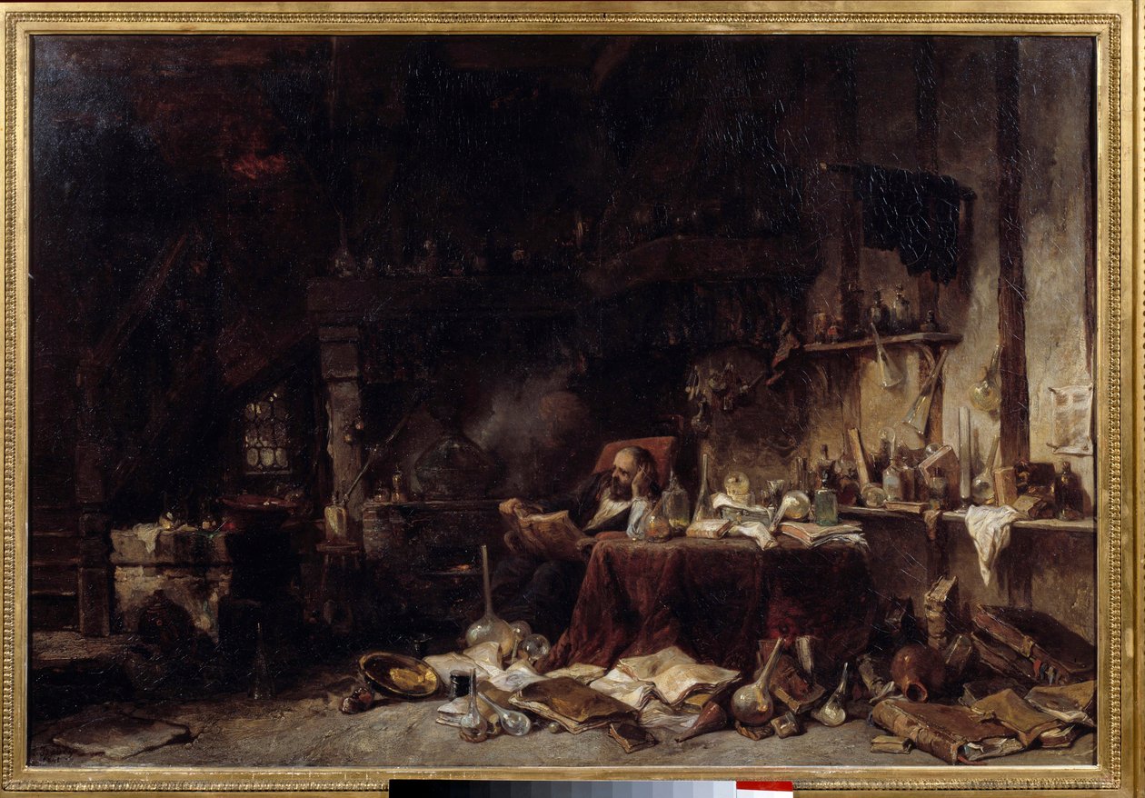 Az alkimista műhely Tele van fiolákkal, fiolákkal, desztillátorokkal. Louis Gabriel Eugene Isabey (1803-1886) festménye 1848 V. 0,66x0,99 m Lille musee des beaux arts. alkotó: Louis Eugene Gabriel Isabey