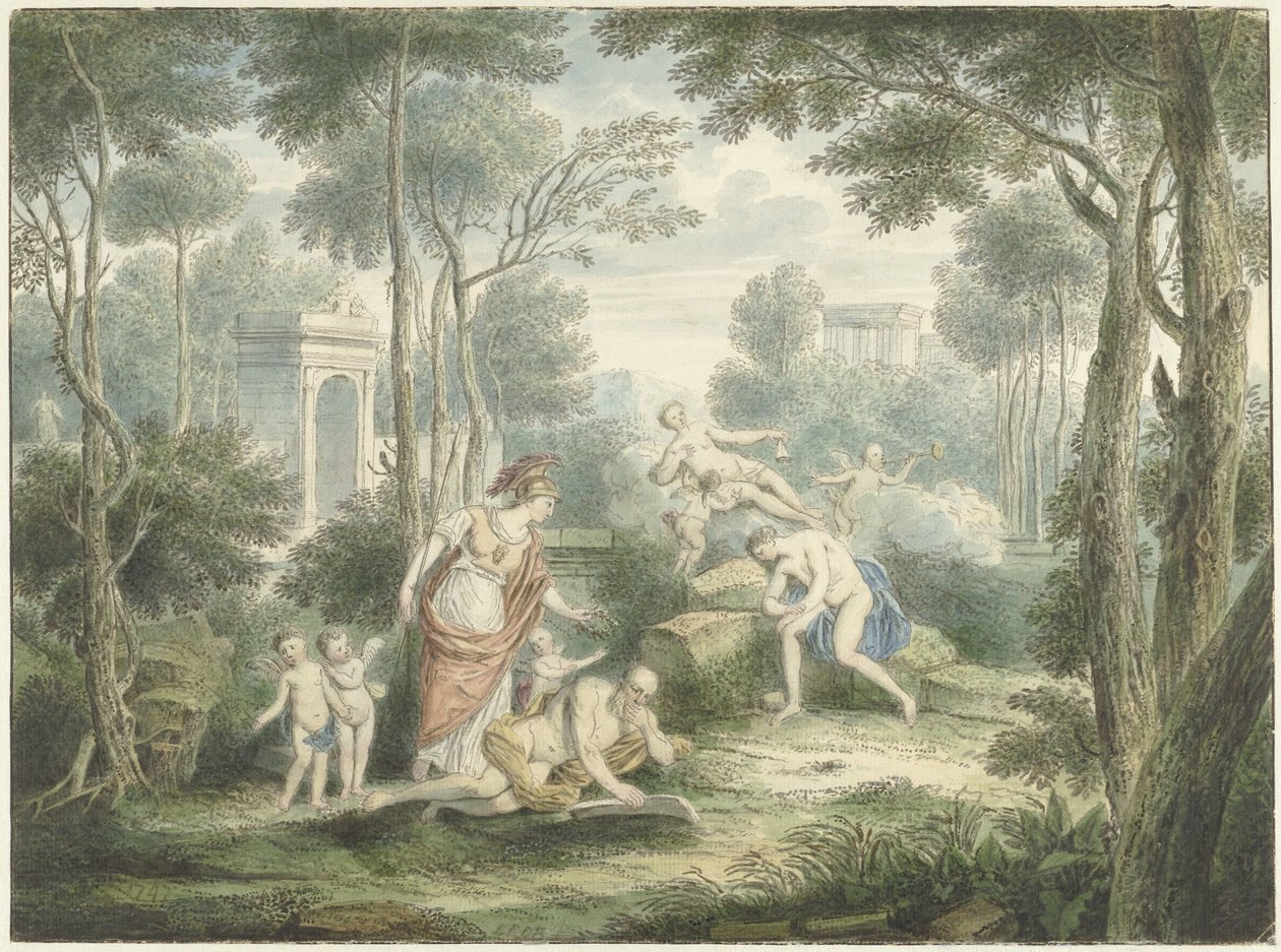 Árkádiai táj egy öregembert koronázó Athénével, valamint Vénusz és Adonisz alkotó: Louis Fabritius Dubourg