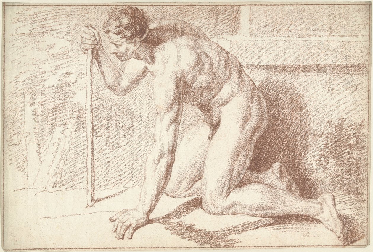 Férfi akt, térdelő, bottal, balra néz alkotó: Louis Fabritius Dubourg