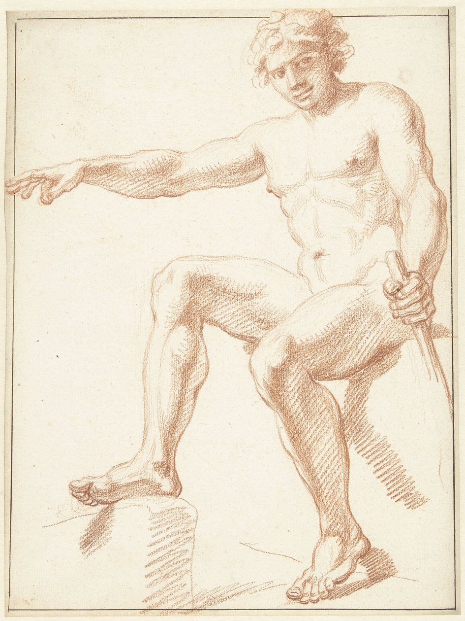 Tanulmány egy férfi aktról, kinyújtott karral ülve alkotó: Louis Fabritius Dubourg