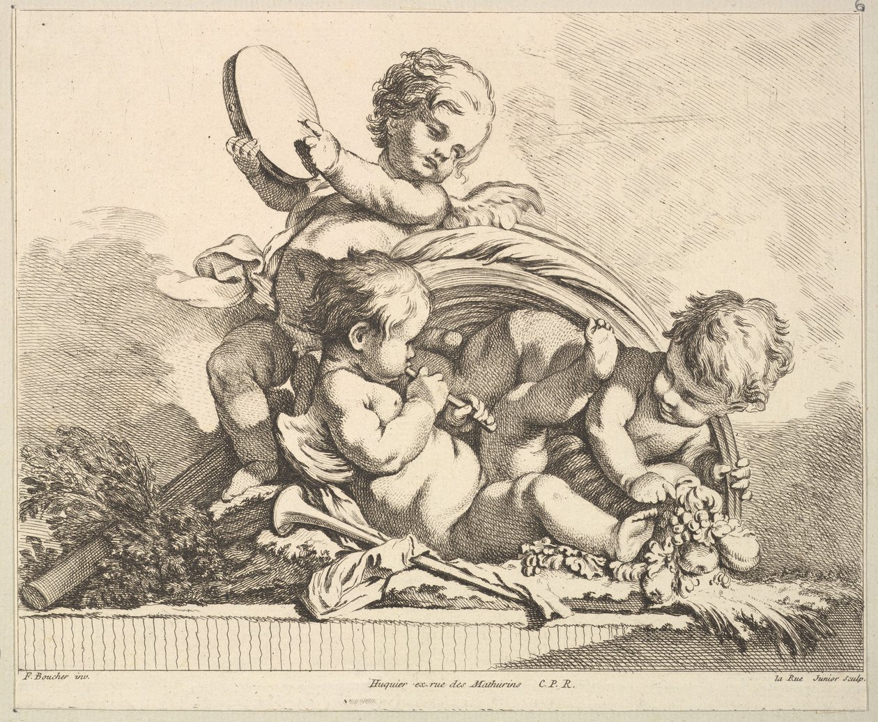 Három Ámor, kettő zenél, egy pálmalevelet tart. alkotó: Louis Felix de la Rue
