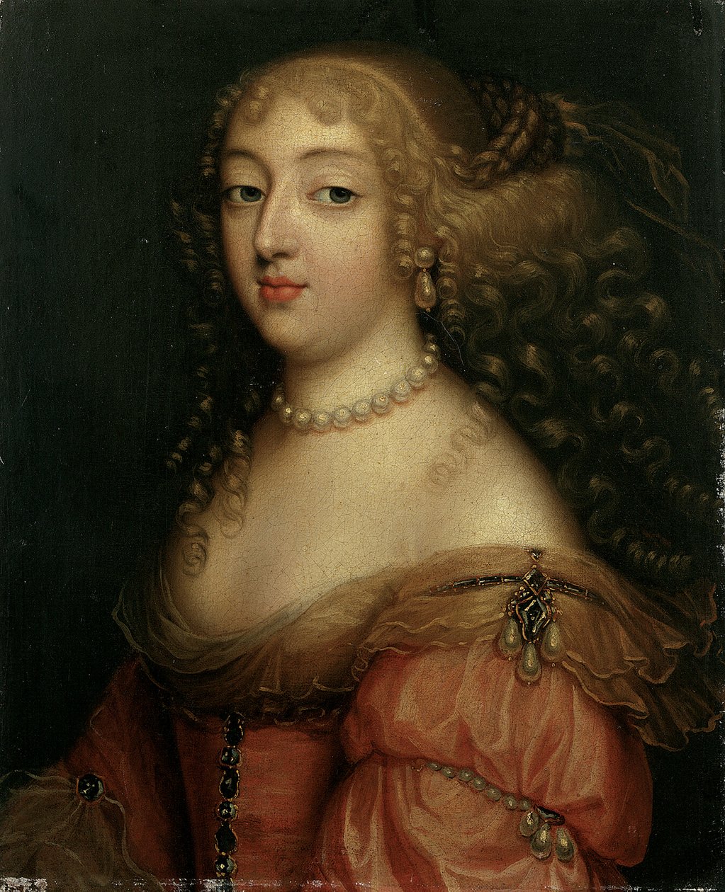 Hölgy portréja, Laura Mancini, Mercoeur hercegnő, mellhosszú, piros ruhában, gyöngy nyaklánccal és fülbevalóval alkotó: Louis Ferdinand Elle
