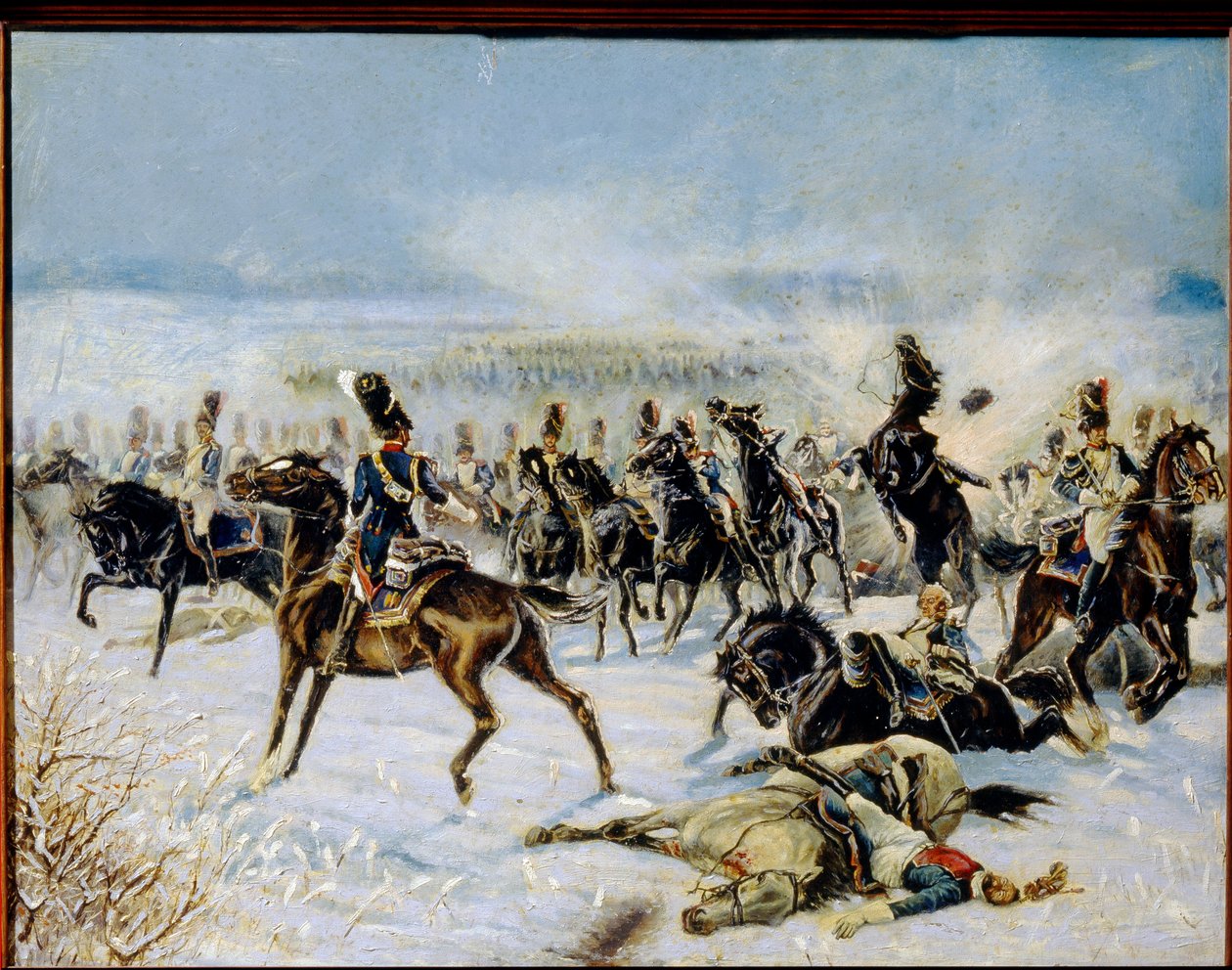 The Battle of Eylau, 1807. február 20. (The Battle of Preussisch Eylau, 1807. február 8.). Katonai összecsapás I. Napóleon (1769-1821) francia Grande Armee és az Orosz Birodalom között. Louis Ferdinand Malespina (1874-1940) munkája, olaj kb alkotó: Louis Ferdinand Malespina