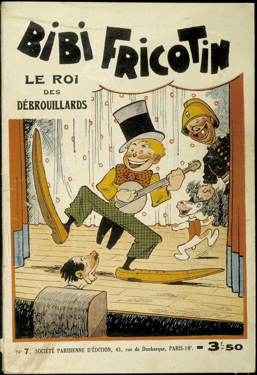 Bibi Fricotin, a hustlerek királya (bendzsót játszik a színpadon) – a 7. szám borítója. Szerző: Louis Forton (1879-1934) alkotó: Louis Forton