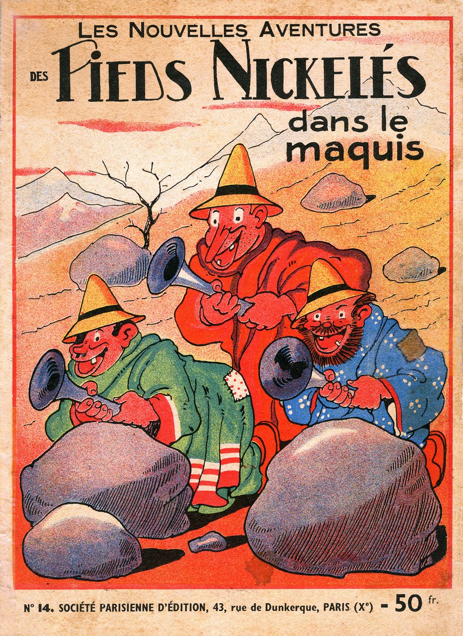 Louis Forton (1879-1934) képregényalbumának borítója: Les Pieds Nickeles dans le maquis (a trió kalandjainak 14. kötetének 1949-es kiadása). Croquignol, Ribouldingue és Filochard Korzikán. ©Gusman/Leemage alkotó: Louis Forton
