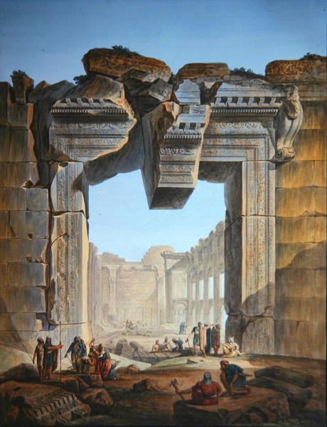 A Baalbec-i Nap-templomtól délre található templom főkapuja, 1800 körül (színes metszet) alkotó: Louis Francois (after) Cassas