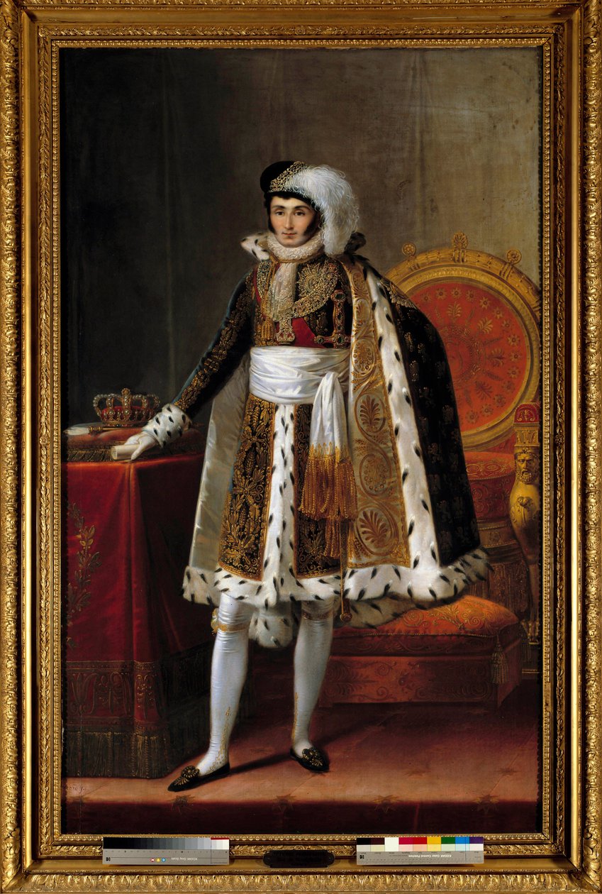 Jerome Bonaparte (1784-1860) vesztfáliai király portréja lábán. Jelmezben a Wesphalia Királyi Korona Lovagrend parancsnokaként, 1810 körül. Louis Francois Aubry (1767-1851) vagy Francois Joseph Kinson (Kinsoen) (1770-1839) festménye. alkotó: Louis Francois (attr. to) Aubry
