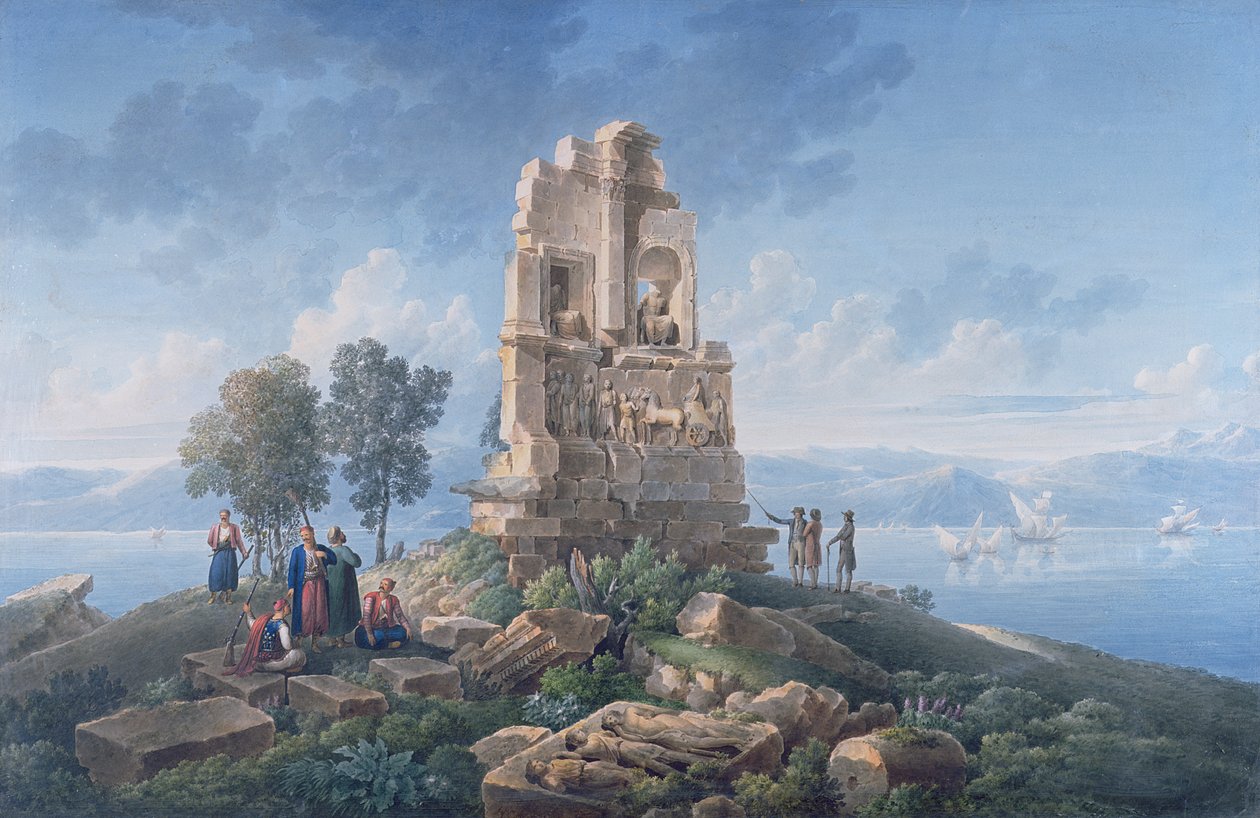 Philopappus sírja Athénban, utazókkal. 1821 (tinta és akvarell) alkotó: Louis Francois Cassas