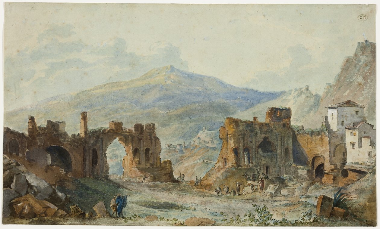 A taorminai ókori színház az Etnára néző kilátással, tanulmány Saint Non Voyage Pittoresque de Naples et de Sicile című művéhez. alkotó: Louis Francois Cassas