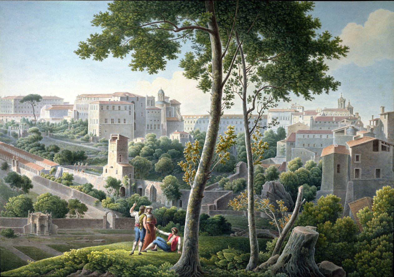 Kilátás a római Quirinal-hegyre, háttérben a Villa Colonnával, 1800 körül alkotó: Louis Francois Cassas