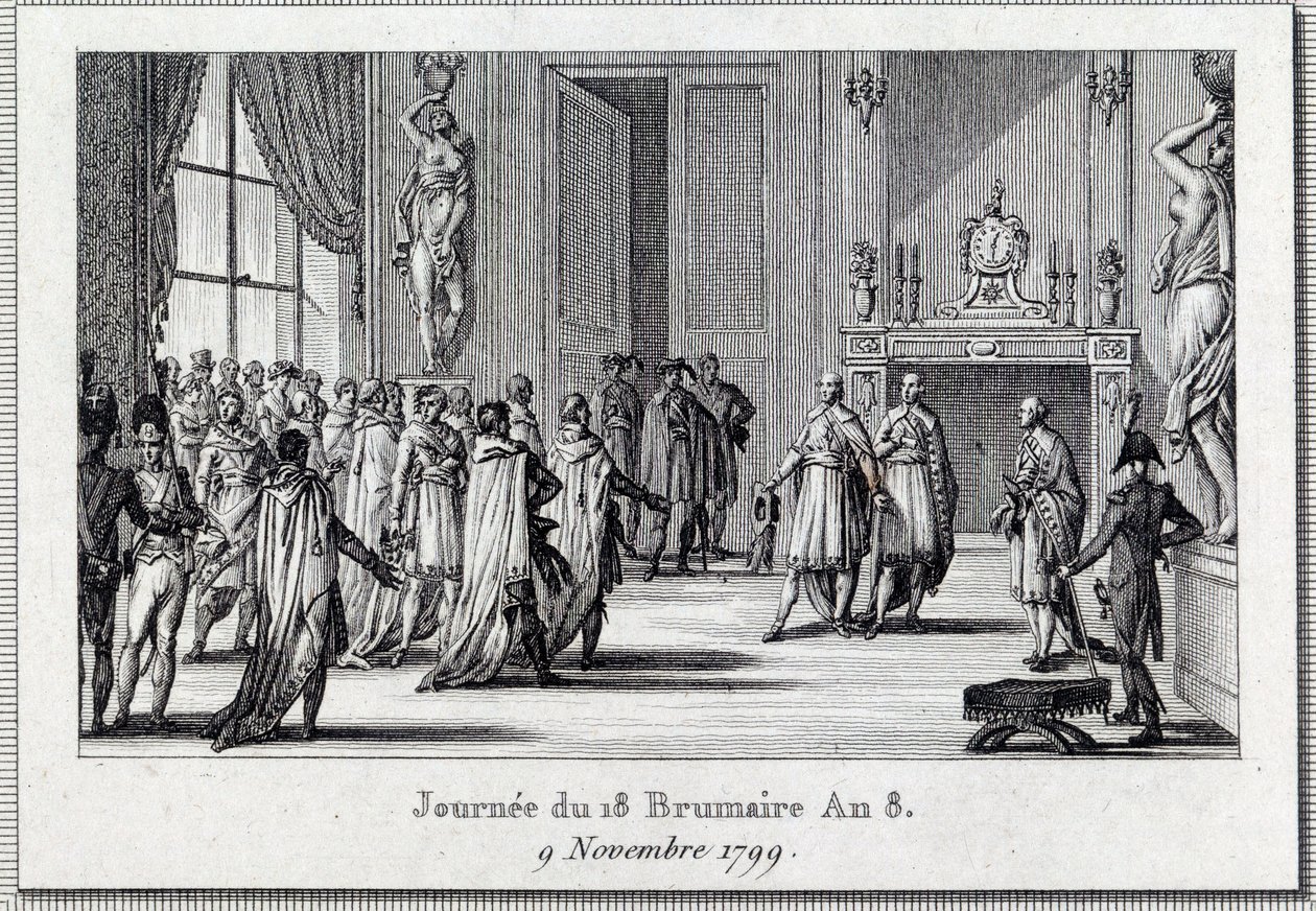 Konzulátus: „” Napóleon Bonaparte (1769-1821) a Saint Cloud találkozóján a brumaire 18-án (1799. 09. 11.)” A 18 brumaire államcsíny, Bonaparte Napóleon az Ötcentek Tanácsán ) (500-as szoba), gránátosok által védett, véget ér a D alkotó: Louis Francois Couche