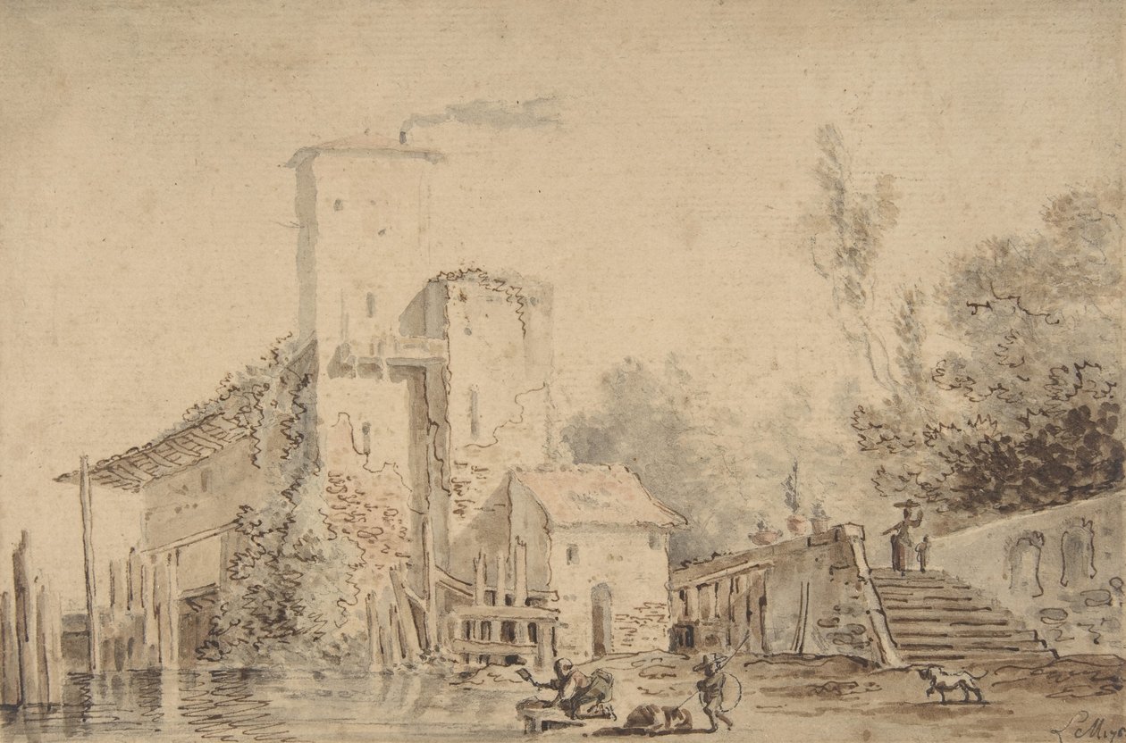Parasztház a folyó mellett figurákkal, 1765. alkotó: Louis Gabriel Moreau