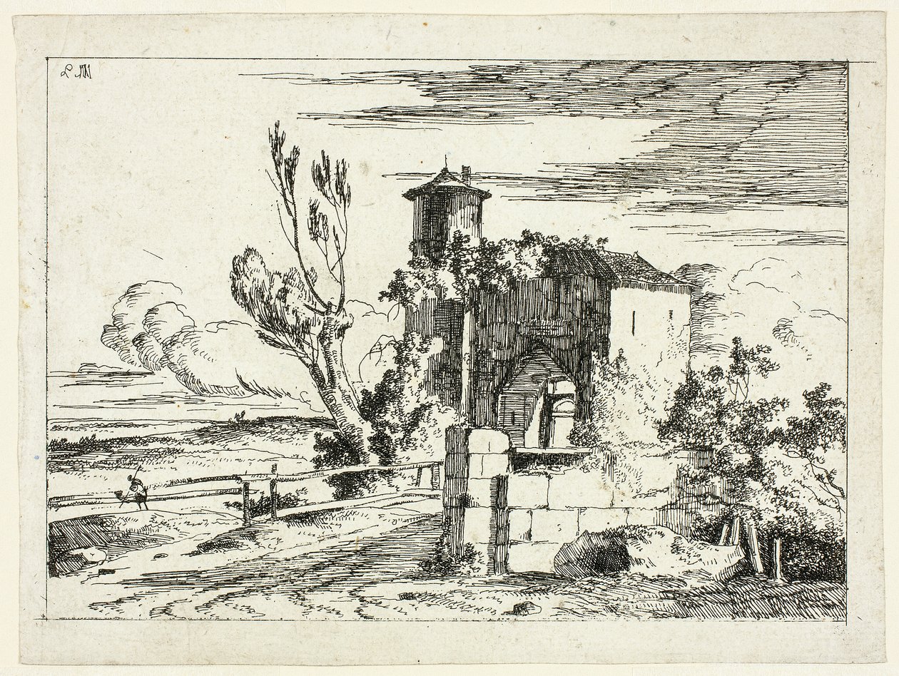 Táj a régi átjáróval alkotó: Louis Gabriel Moreau