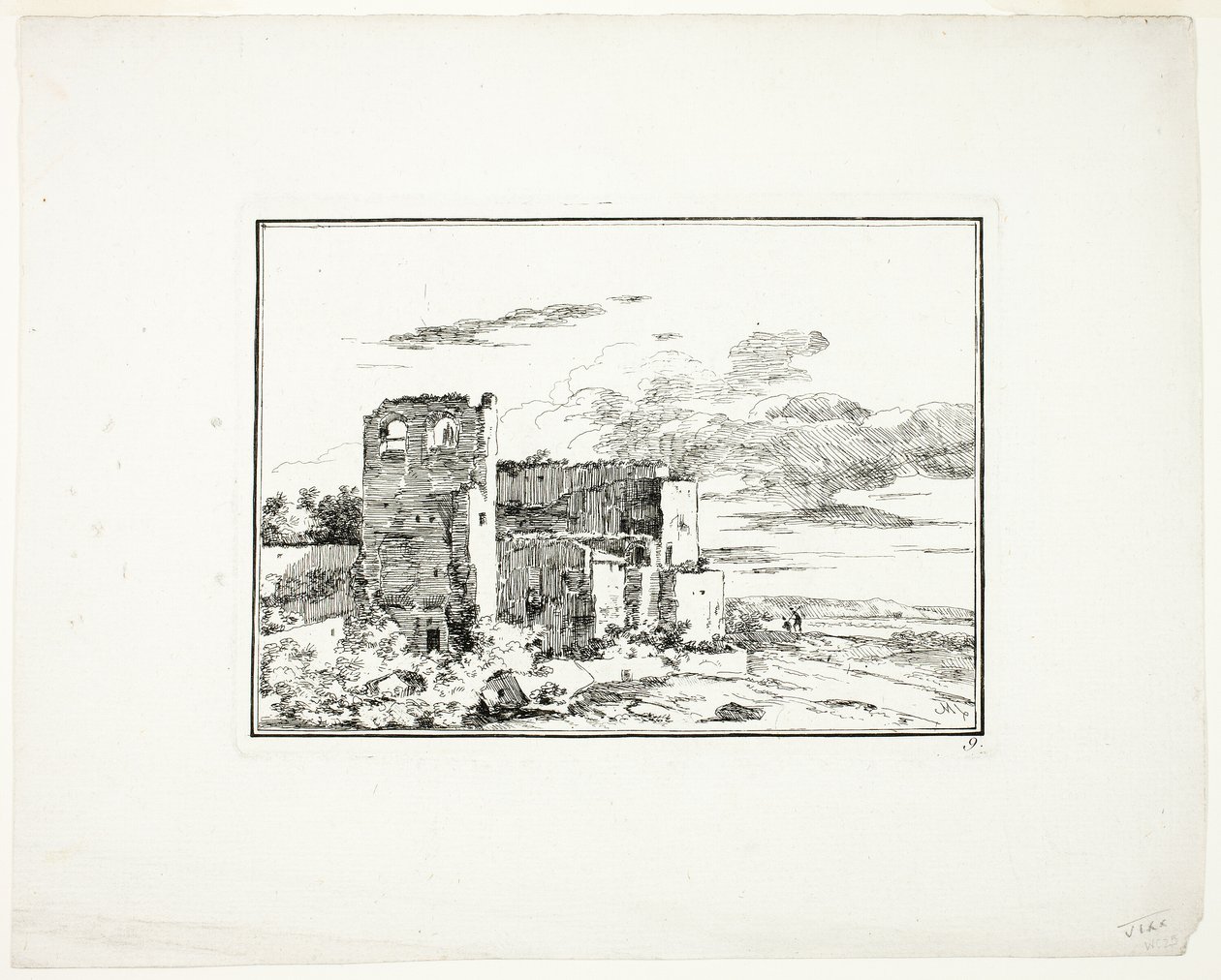 Ruined Buildings near a River Bank, plate 9 from Quatrieme suite de paysages dessinés et grave a l