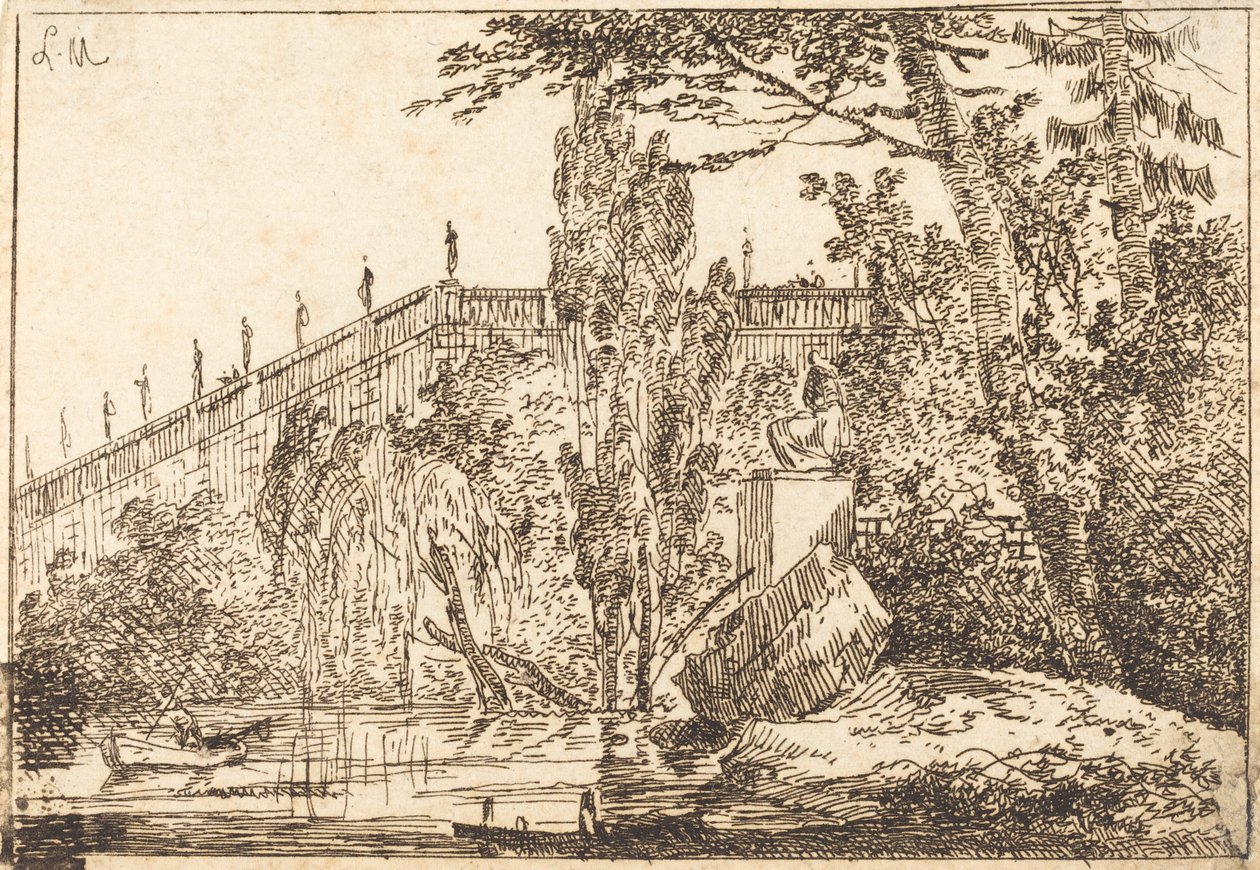 Park terasszal és korlát szobrokkal alkotó: Louis Gabriel Moreau the Elder