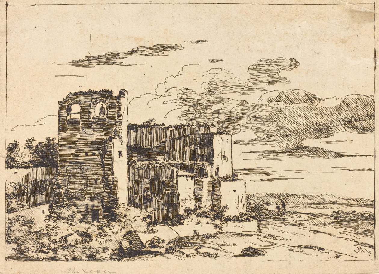Romos épületek a folyópart közelében alkotó: Louis Gabriel Moreau the Elder