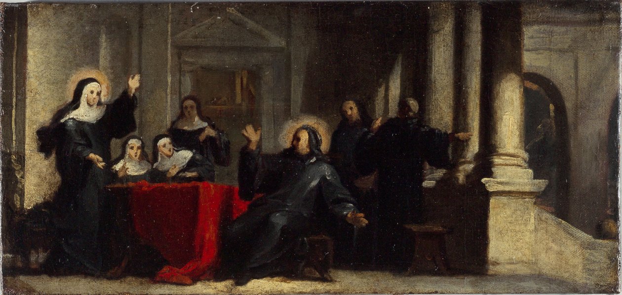 Szent Scholasztika esőt és mennydörgést szerez az égből, hogy Szent Benedek ne hagyja el őt. A Saint-Martin-des-Champs-i apátság refektóriumában lévő festmény vázlata, 1706 körül (olaj, vászon). alkotó: Louis Galloche