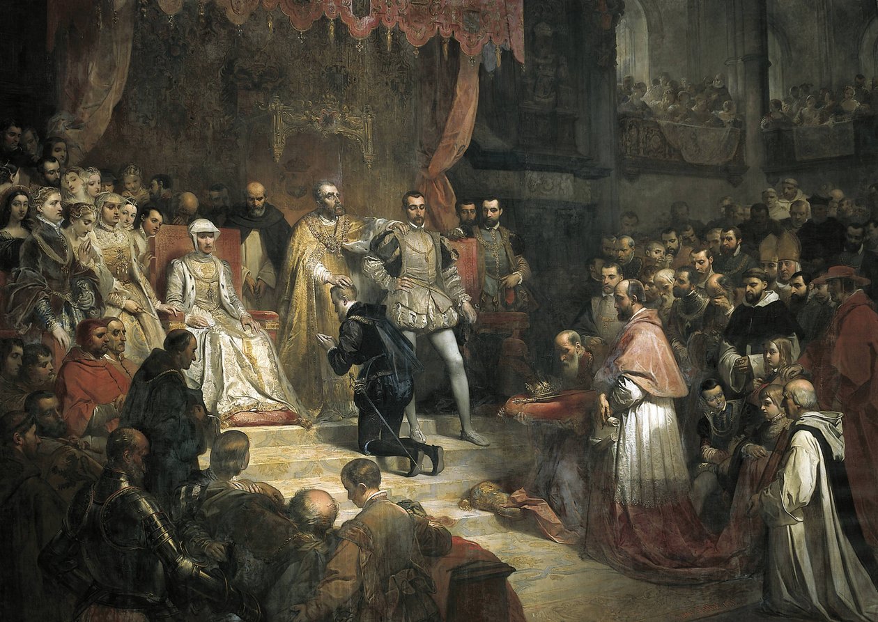 V. Károly (1500-1558) lemondott a trónról fia, II. Fülöp (1527-1598) javára alkotó: Louis Galna
