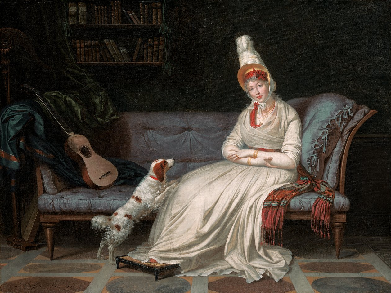 Elizabeth, Lady Webster, később Lady Holland portréja fehér ruhában Pierrot spánielével, 1795 körül alkotó: Louis Gauffier