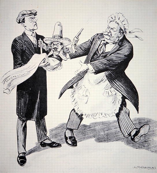 Amerikai rajzfilm, amelyben Tuft amerikai elnök átadja a problémás "mexikói helyzetet" utódjának, Woodrow Wilsonnak 1913-ban (litho) alkotó: Louis Glackens