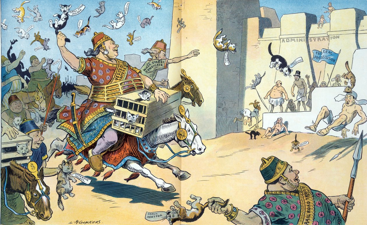 A Wall Street-i perzsák és a washingtoni egyiptomiak 1907. Az illusztráció a pelusiumi csatát mutatja, a perzsák azonosított "érdekeltségű" perzsákkal. alkotó: Louis Glackens