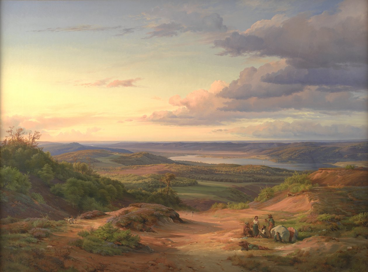 Táj a jütlandi Himmelbjerget közelében. Az előtérben egy cigány család alkotó: Louis Gurlitt