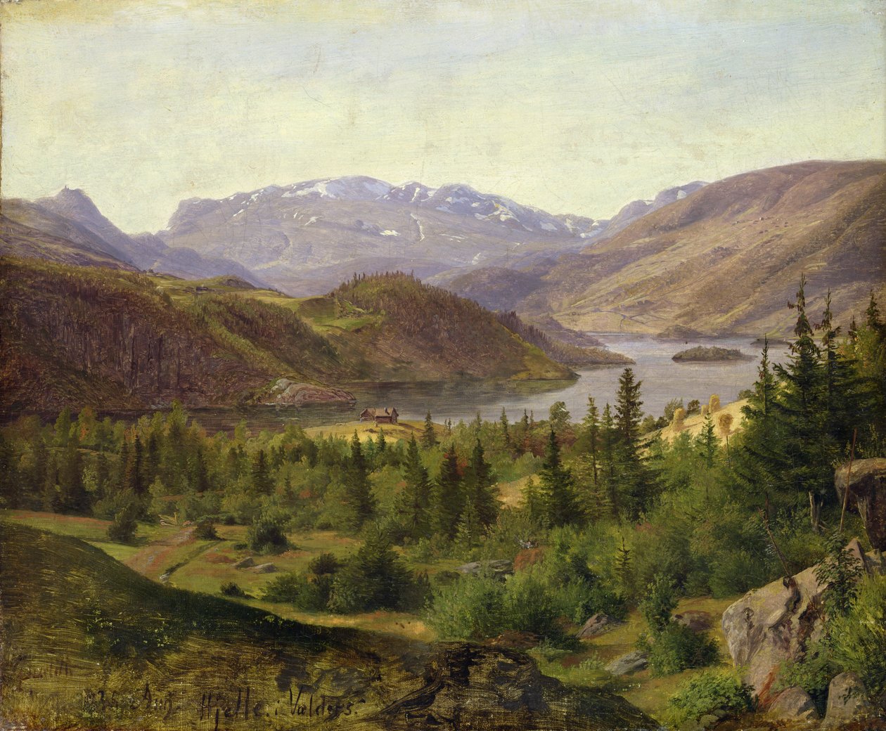 Hjelle in Valders, Tile Fjord, 1835 (olaj, vászon, karton) alkotó: Louis Gurlitt